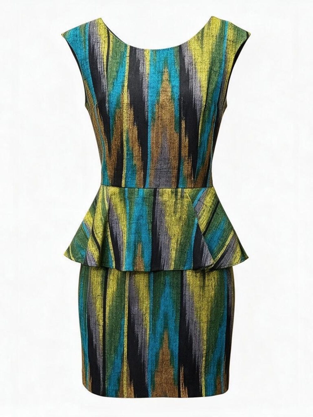 Loeffler Randall Pamplum Peplum Sheath Dress Green Gold Metallic Ikat Sz 0